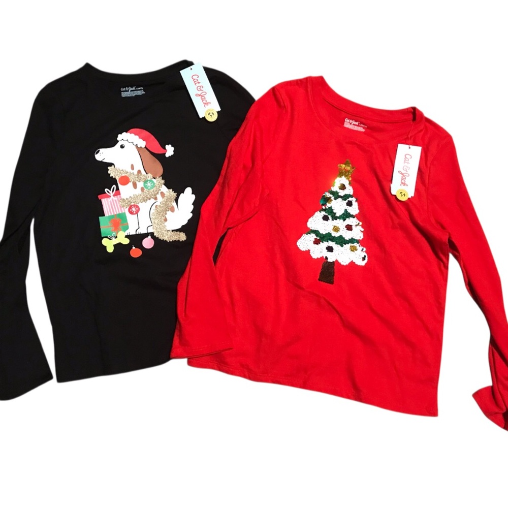 Cat & Jack Girls Christmas Holiday Shirts - Black and Red Long sleeve Size L